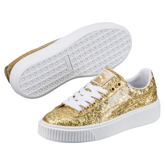 Puma Shoes - PUMA gold glitter Basket platform sneakers